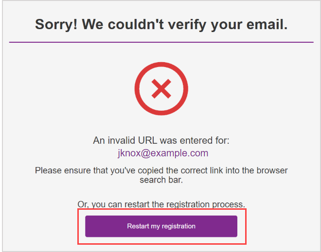 The "Restart my registration" button is in the error message.